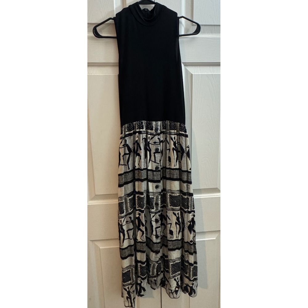 VTG Cache Maxi Dress 6 Black Ivory Tribal Print Art Deco Mock Neck Boho 90 - Picture 2 of 9